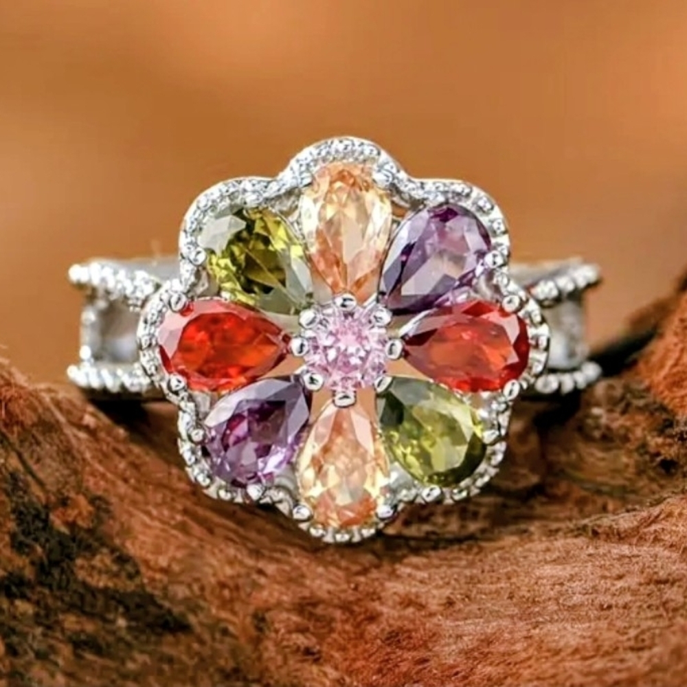 NEW Multicolor Gemstone Flower Ring